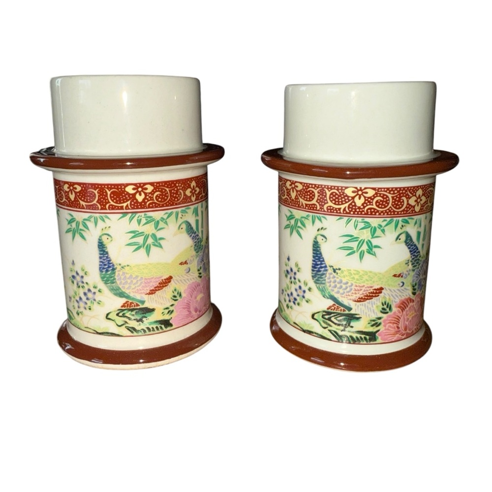 Vintage Porcelain Candle Holders Peacock & Japanese Asian Floral Motif Set Of 2